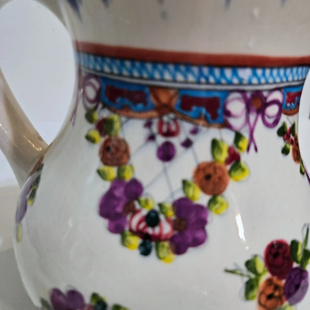 Hand Painted Mexican Floral Pitcher Ceramic Vase Floral Cottagecore Farmhouse 7